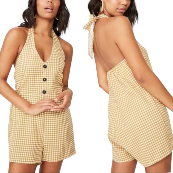 Cotton On Pants - Cotton-On Mustard Yellow Checked Sasha Halter Neck Playsuit Romper Size XL